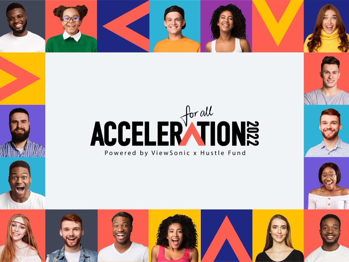 Acceleration For All key visual — a colourful grid of 30 founders' faces around the campaign lockup.