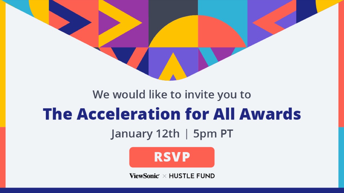 RSVP card — 'The Acceleration For All Awards · January 12th · 5pm PT.'