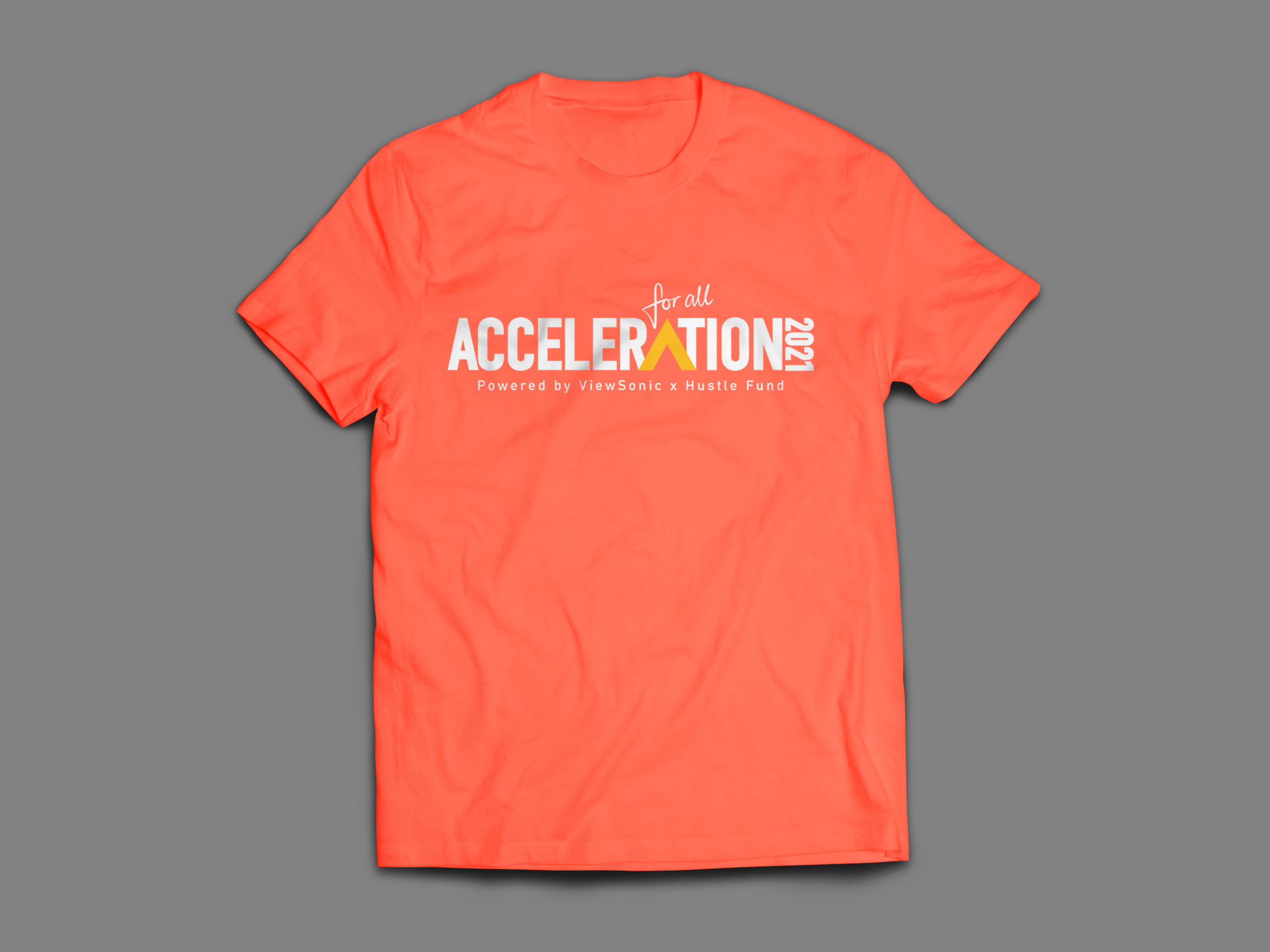 Event t-shirt — coral colorway, white lockup with yellow chevron.