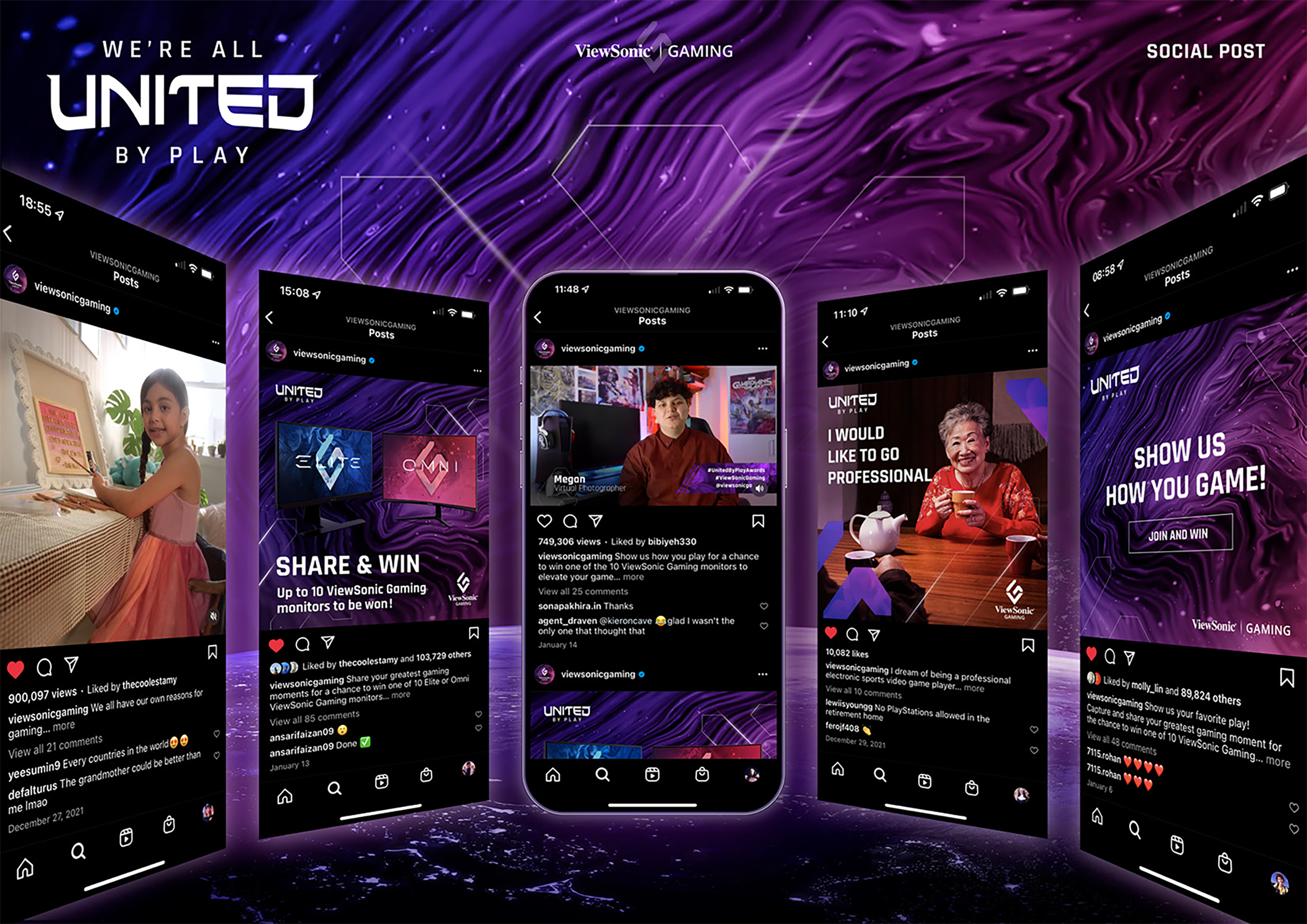 United by Play social post board — phone mockups showing campaign social media posts and engagement.